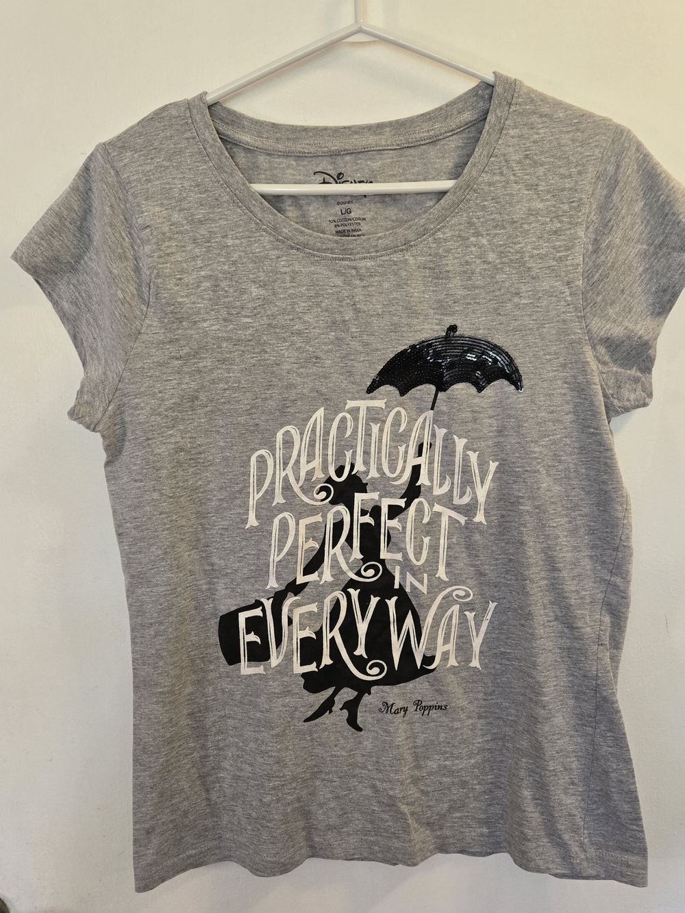 Mary Poppins Gray Graphic Tee Shirt - "Practically Perfect" Size L